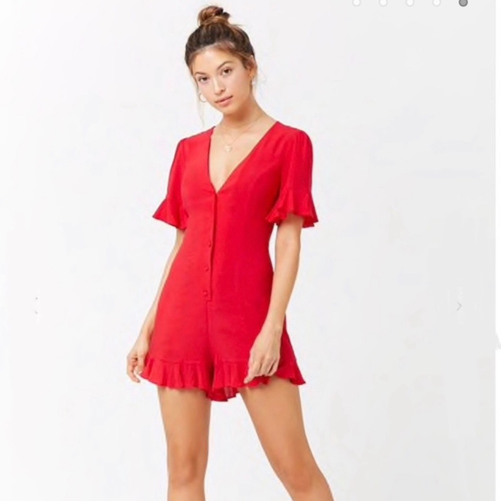 Red Ruffle Button Up Romper